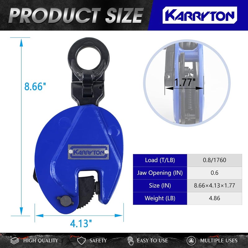KARRYTON Vertical Plate Clamp, 0.8Ton/1760LB Working Load, Jaw Opening 0.6IN, Industrial Steel Plate Clamp, Sheet Metal Lifting Clamp, Plate Lifting Clamp for Lifting and Transporting (0.8T) Blue - Image 3